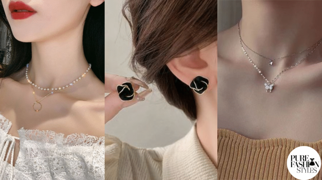 Modern kimono look accessorized with a delicate chain necklace – merging traditional and modern Japanese fashion.