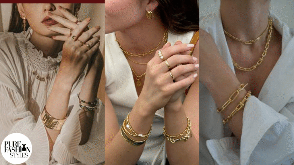 Trendy Japanese woman showcasing gold chain accessories – chains in Japanese fashion culture.