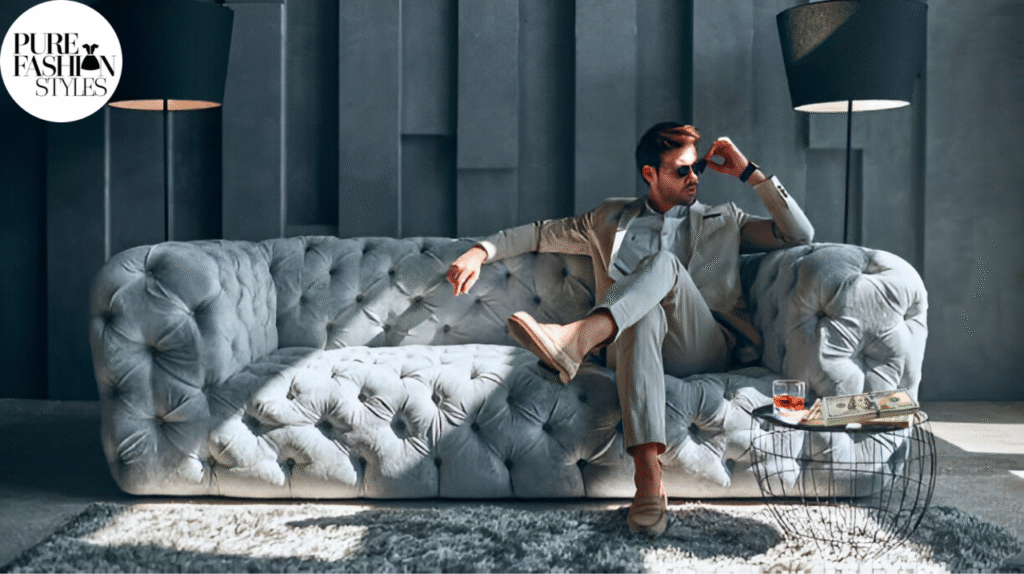 Stylish man in a luxurious suit relaxing on an elegant velvet sofa in a modern, upscale living room, with a table beside him holding a glass of whiskey and a stack of cash, symbolizing a $100 Million Net Worth Lifestyle