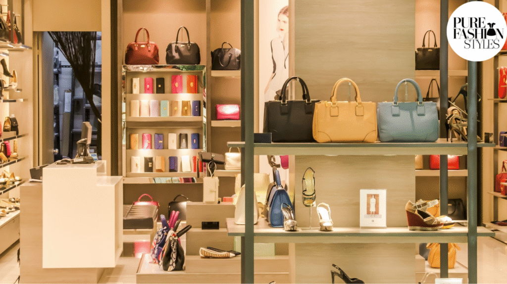 Luxurious high-end boutique showcasing designer handbags, premium shoes, and elegant accessories, capturing the essence of a $100 Million Net Worth Lifestyle.