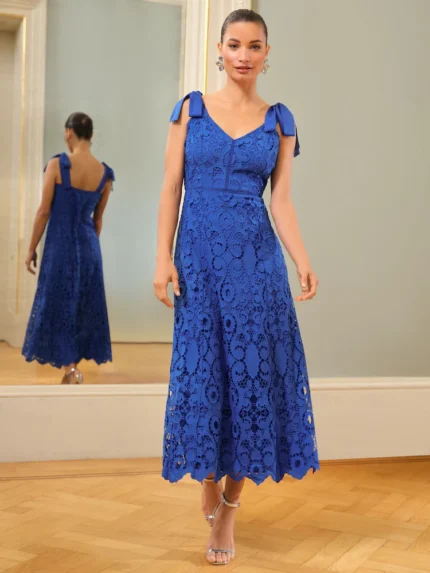Love & Roses Cobalt Lace Tie Shoulder Midi Dress