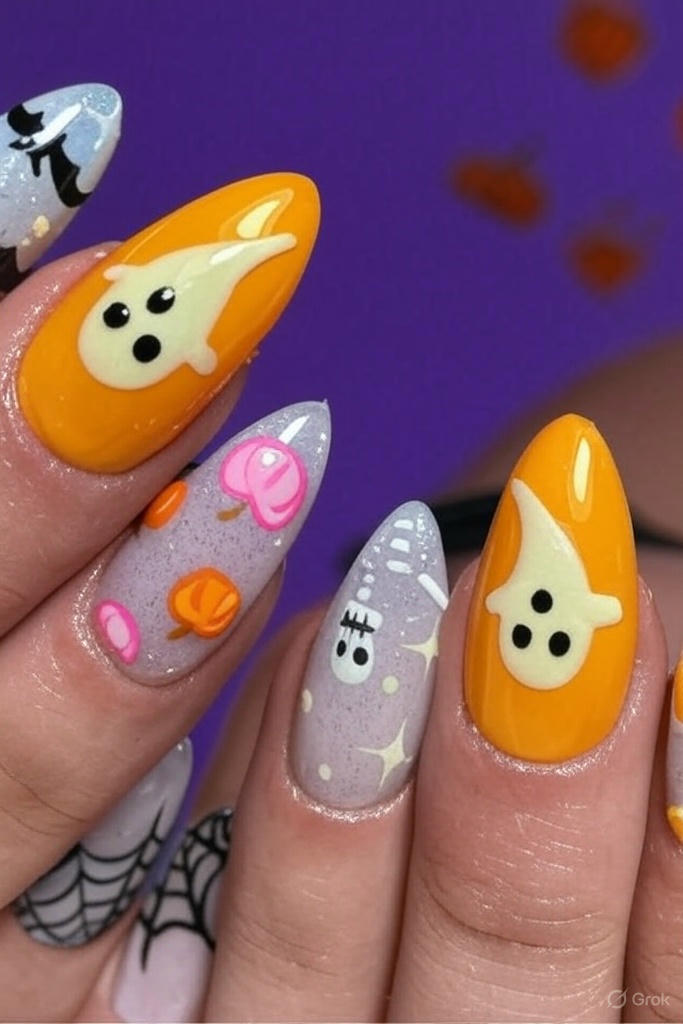 Orange Polka Dot Halloween Nails