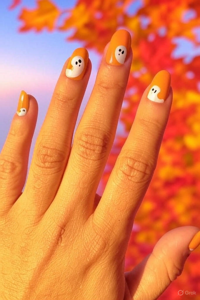 Ghost-Inspired Orange Halloween Nails