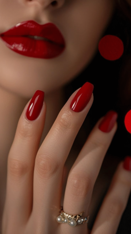 Red nails and a matching red lipstick for a glamorous vibe