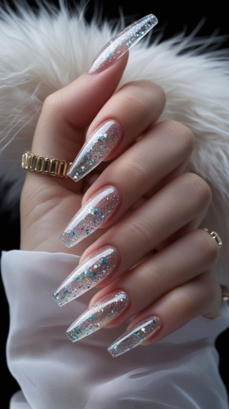 Frosty Glitter on Transparent Nails